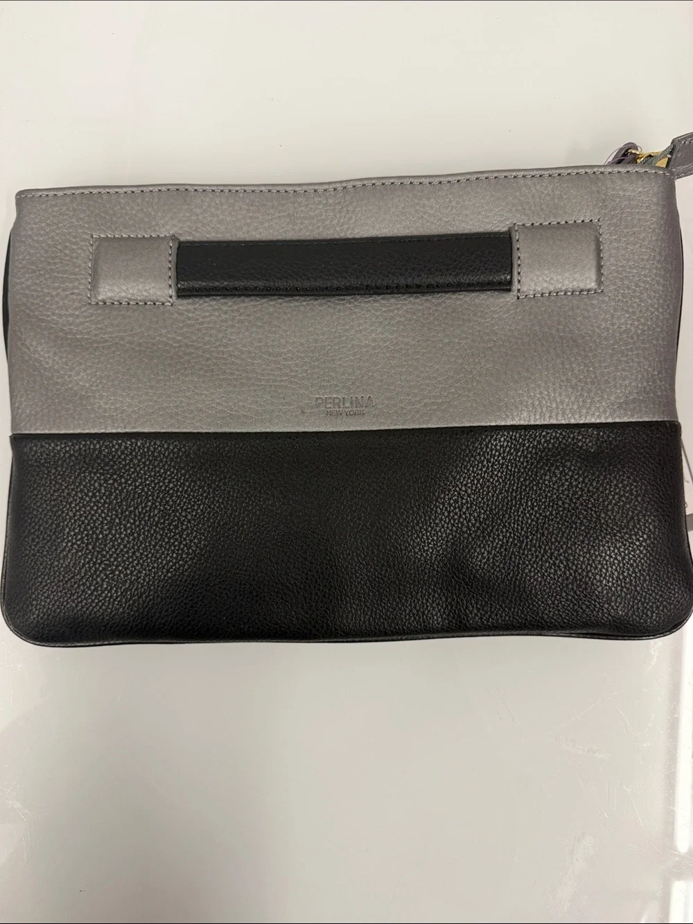 New flawed Perlina Two-Tone silver  and Black Leather Wristlet clutch